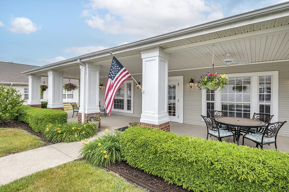 Covered patio with seating at The Terrace in Fort Wayne